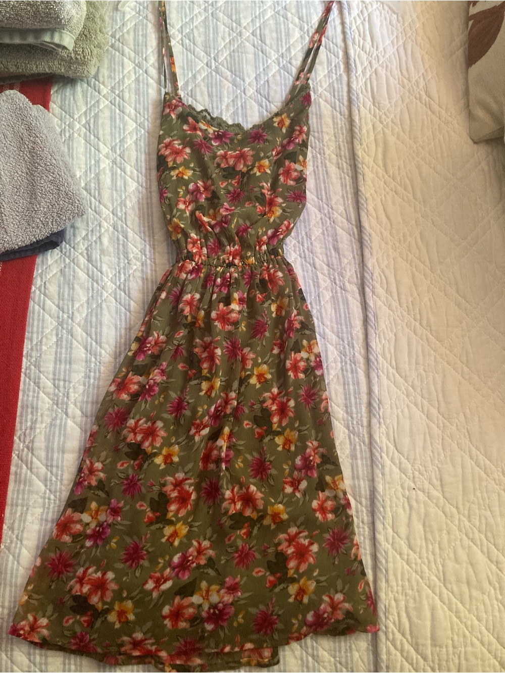 Hollister Olive Green Floral Midi Dress with Pink and Yellow Blooms